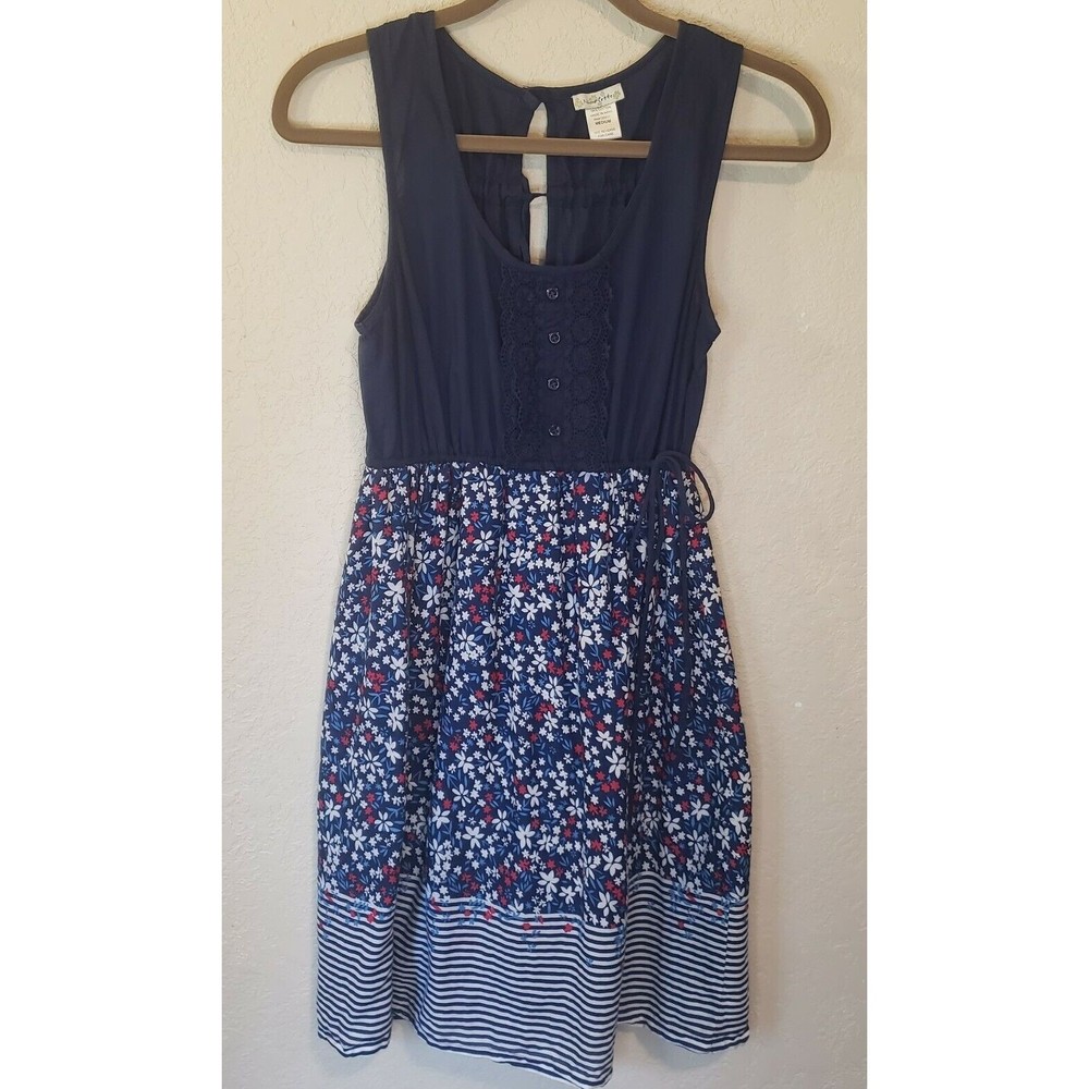 Nicolette Sleeveless Cotton Dress, Size Medium Navy Floral Drawstring Waist